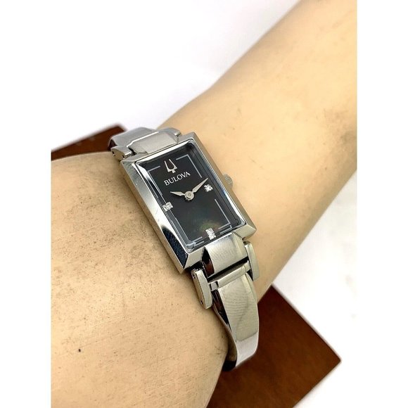 Bulova Women's Watch 96P209 Silver Tone Black Mother of Pearl Dial Diamond 18mm - Picture 5 of 10